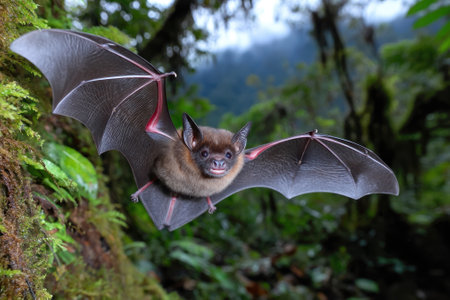 A small bat glides past colorful leaves in the rainforest, showing its wings and curious look in the morning light.の写真素材