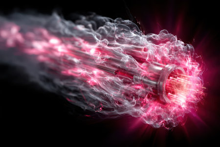 Energy emerges from a metal device, creating swirling pink smoke and bright light in a dynamic display.の写真素材