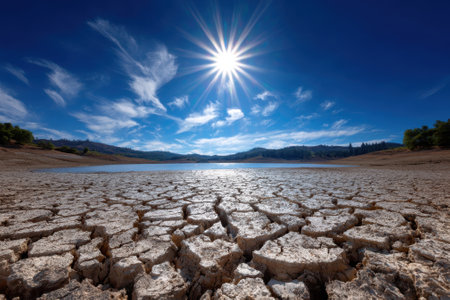 Cracked dry earth surrounds a receding lake under a vibrant sun and scattered clouds in the background.の写真素材