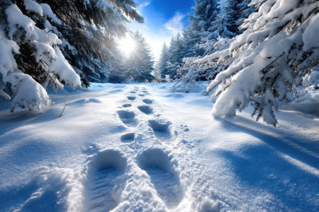 Footprints lead through a snowy forest with trees glistening in bright sunlight.の写真素材