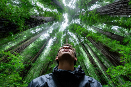 A person gazes upwards in awe among towering redwood trees in a lush, green forest filled with mist.の写真素材