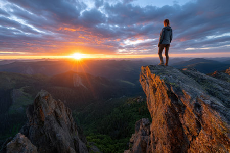A person stands on a rocky outcrop, watching the colorful sunrise over distant mountains and valleys.の写真素材