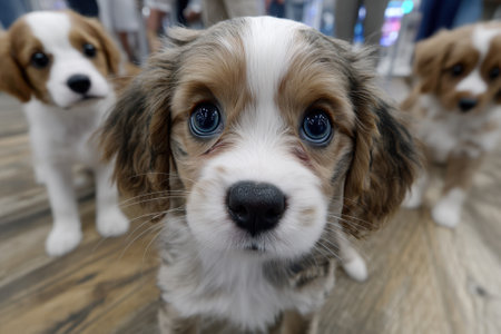 Three Cavalier puppies explore their surroundings in a vibrant pet store filled with cheerful shoppers.の写真素材