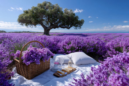 A serene picnic setup in a vibrant lavender field includes blankets, a basket, and snacks next to a tree.の写真素材