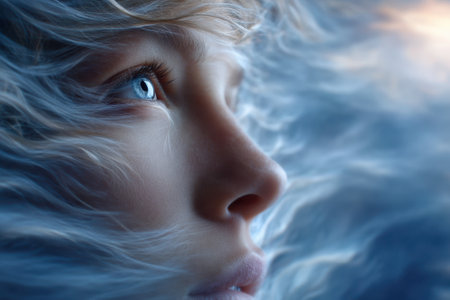 A person gazes upward, their hair swirling gracefully in the wind, reflecting soft, ethereal light at dusk.の写真素材