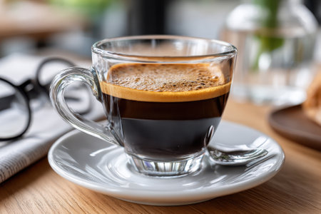 A smooth espresso with rich crema sits in a glass cup on a sleek wooden table next to a spoon and a newspaper.の写真素材