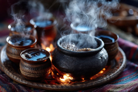 Steam rises from clay pots filled with warm drinks, showcasing a cozy atmosphere in a mountain setting.の写真素材
