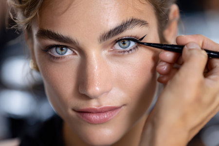 A makeup artist applies eyeliner to a model's eyes for a fashion show in a well-lit studio setting.の写真素材