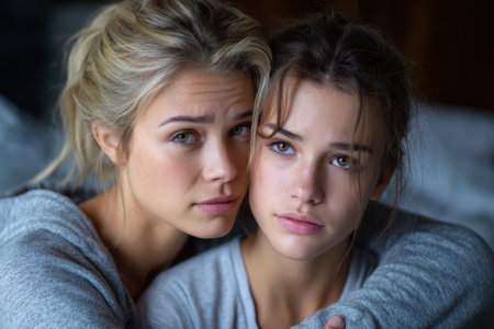 Two close friends share an intimate moment, embracing each other warmly while relaxing indoors.の写真素材