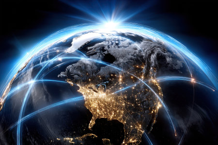 Bright city lights illuminate North America, highlighting connections between urban centers at night.の写真素材