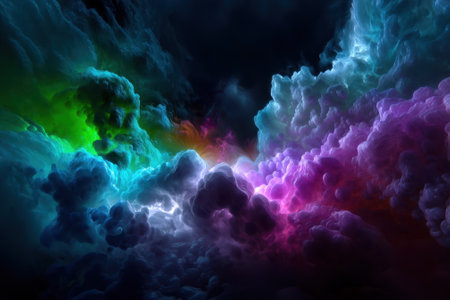 Brightly colored clouds intertwine in a captivating display, creating an otherworldly night sky.の写真素材
