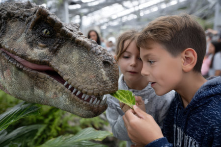 Two children observe a realistic dinosaur model closely while holding leaves in a lively indoor setting.の写真素材