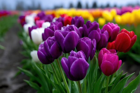 Colorful tulips bloom in a vast field under a clear blue sky during the spring season.の写真素材