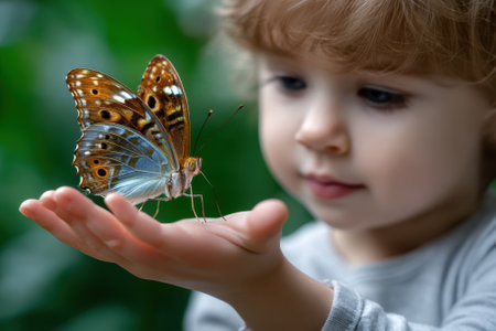 A curious child with curly hair admires a butterfly resting on her open palm in a lush garden.の写真素材