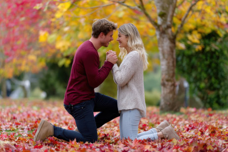 A young man kneels on a bed of vibrant autumn leaves, proposing to his partner in a picturesque park.の写真素材