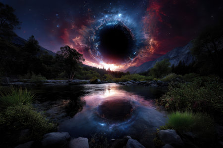 A stunning cosmic portal opens above a tranquil river, casting reflections in the water, as twilight descends.の写真素材