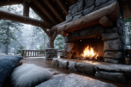 A stone fireplace crackles warmly inside a cabin as snow gently falls outside in a serene winter landscape.の写真素材