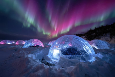 Ice domes glow softly as the northern lights dance in the night sky, creating a stunning winter scene.の写真素材