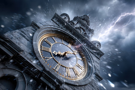Dark clouds loom over an ornate clock tower as lightning strikes, creating an intense atmosphere of drama.の写真素材