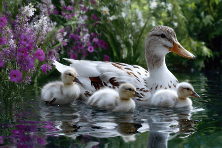 A mother duck and her three fluffy ducklings glide through a vibrant garden pond surrounded by flowers.の写真素材