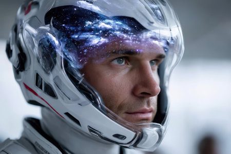 An astronaut gazes thoughtfully with a helmet reflecting the vast universe, filled with stars and galaxies.の写真素材