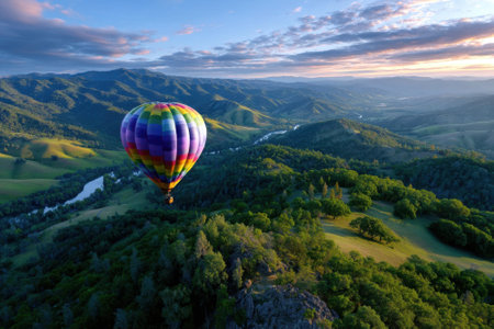 Hot air balloon floats gracefully above vibrant green hills and a river under a picturesque sunset sky.の写真素材