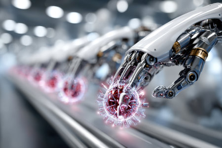 Robotic arms equipped with advanced technology assemble luminescent spheres in a modern factory.の写真素材