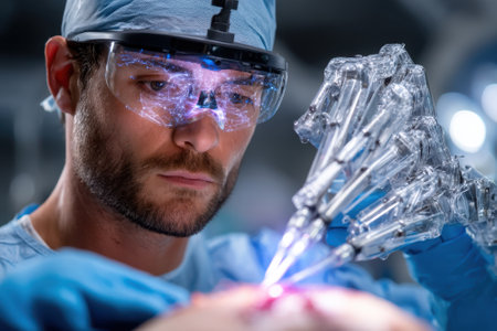 Surgeon utilizes robotic technology to conduct a delicate procedure, showing advanced medical capabilities.の写真素材