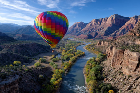 A vibrant hot air balloon floats over a river surrounded by colorful trees and majestic mountains during daytime.の写真素材