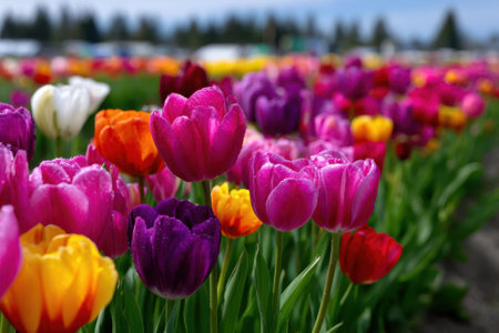 Bright tulips bloom in a field during spring, creating a stunning display of colors under a blue sky.の写真素材