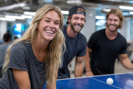 Three friends smile while playing ping pong in a sleek, well-lit office space during work hours.の写真素材