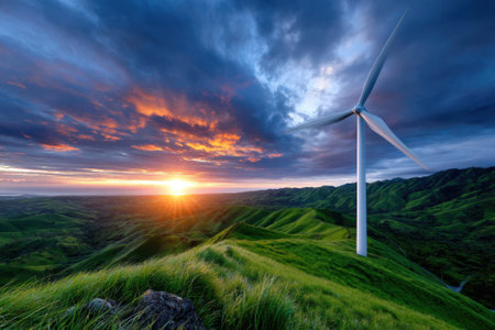 A wind turbine highlights the vibrant sunset over lush green hills, capturing nature's beauty at dusk.の写真素材
