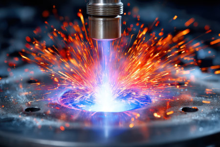 Bright sparks and glowing light erupt from metal cutting, showing intense energy in an industrial setting.の写真素材
