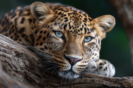 A leopard lounges on a thick branch, showing its stunning coat and mesmerizing eyes against a green backdrop.の写真素材