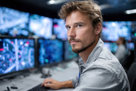 A man with a thoughtful expression works at multiple monitors in a high-tech control room setting.の写真素材