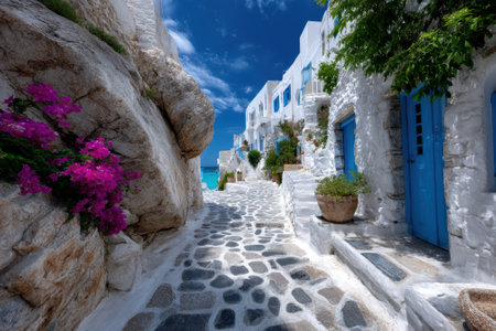 A picturesque street is lined with white buildings adorned with colorful flowers, leading to the sea under a clear sky.の写真素材