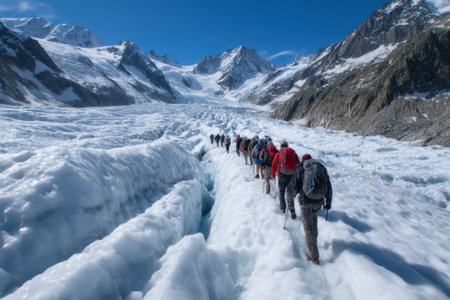 Participants navigate a stunning glacier trail in the Swiss Alps during a bright, sunny day.の写真素材