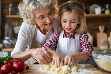Grandmother and granddaughter share a joyful moment while preparing homemade pasta together in a warm kitchen.の写真素材