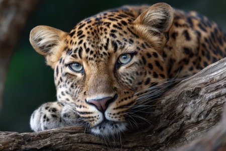 A leopard lounges on a thick branch, showing its stunning coat and mesmerizing eyes against a green backdrop.の写真素材