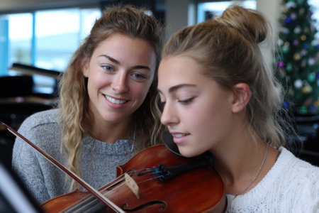 One woman plays the violin while the other smiles and offers encouragement in a bright music studio.の写真素材