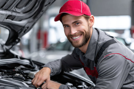 A mechanic focuses on repairing a car engine inside a well-lit auto repair shop during the day.の写真素材