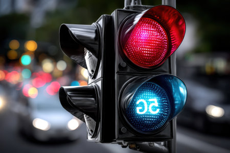 A traffic light shows red and blue signals, indicating stop and 5G connectivity in a busy city at dusk.の写真素材