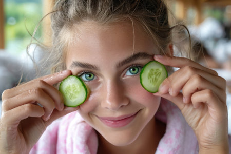 A cheerful girl holds cucumber slices in front of her eyes while smiling in a cozy, light-filled space.の写真素材