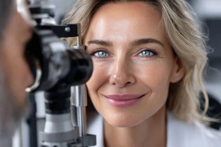 A healthcare professional performs an eye exam for a patient in a well-lit clinic setting.の写真素材