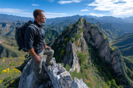 A hiker gazes at panoramic views from a high cliff along the Great Wall of China during autumn.の写真素材