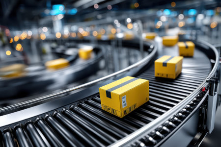 Packages are being transported on a conveyor belt in a bustling distribution center filled with activity.の写真素材