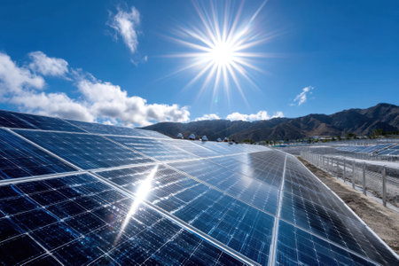 A vast field of solar panels captures sunlight under a clear sky with mountains in the background.の写真素材
