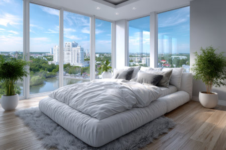 Spacious bedroom features a minimalist design with large windows overlooking an urban landscape and lush trees.の写真素材