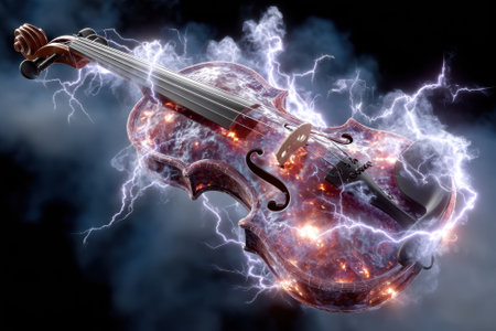A vibrant violin is enveloped in arcs of lightning, creating a captivating visual of music and energy.の写真素材