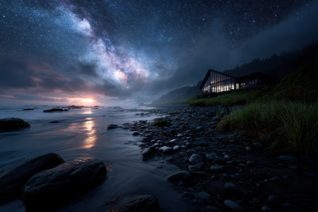 A tranquil evening at the beach reveals a magnificent starry sky and the Milky Way above a coastal landscape.の写真素材